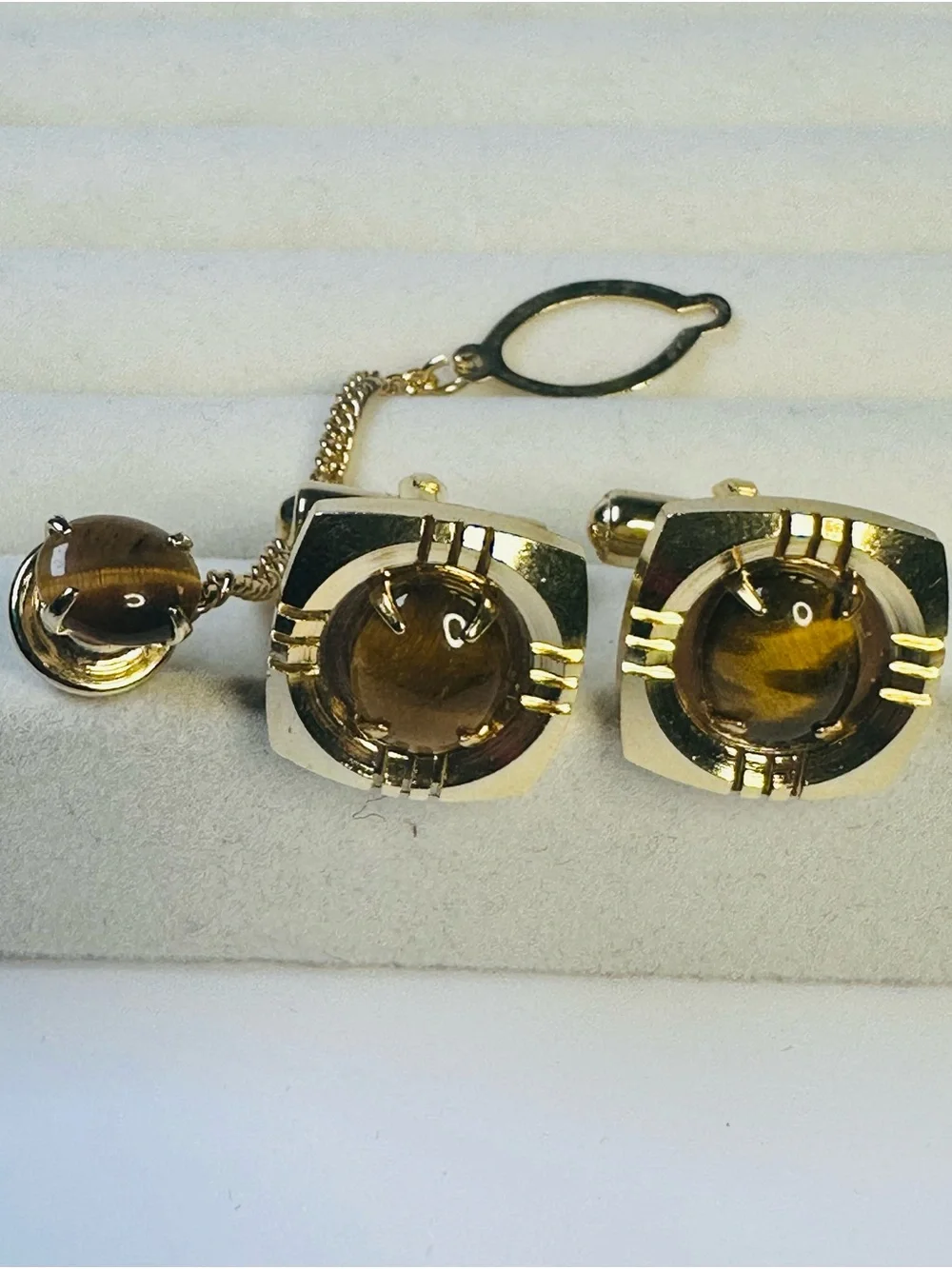 Gold-Tone Brown Cabochon Cufflinks and Tie Pin Set